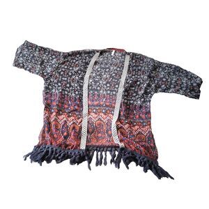 Xhilaration Kimono Jacket Womens Large Multicolor Fringe Tassel Boho Goth Festiv